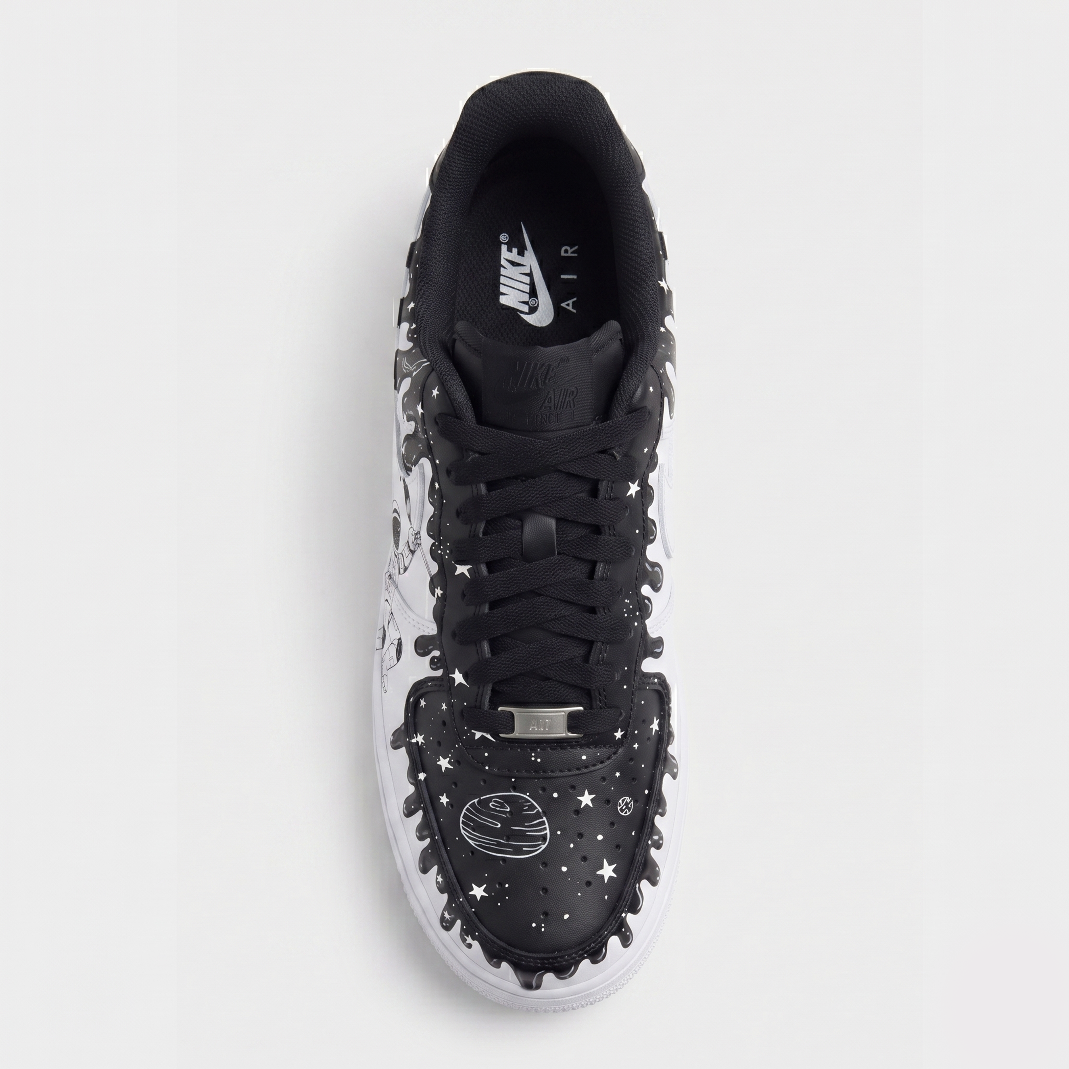Custom Astronaut Galaxy Black Drip AF1 Sneakers, Hand-Painted Space Universe Sneakers, Black and White Astronaut Custom AF1. - gallery image 1