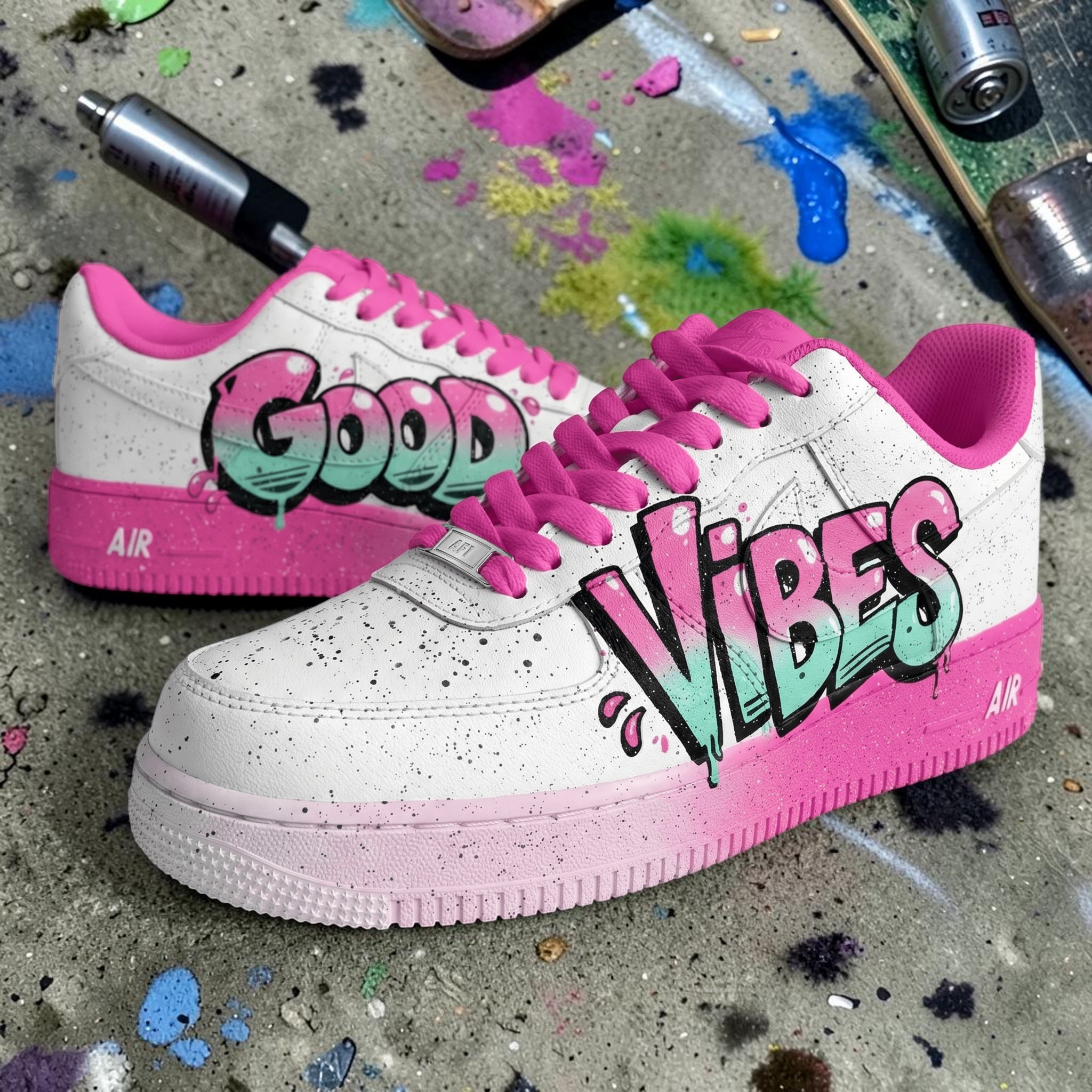 Hand Painted Good Vibes Graffiti AF1 Sneakers, Custom Hand Painted Pink Sneakers, Pink Splash Shoes, Personalized Gift for Teens & Women. - gallery image 4