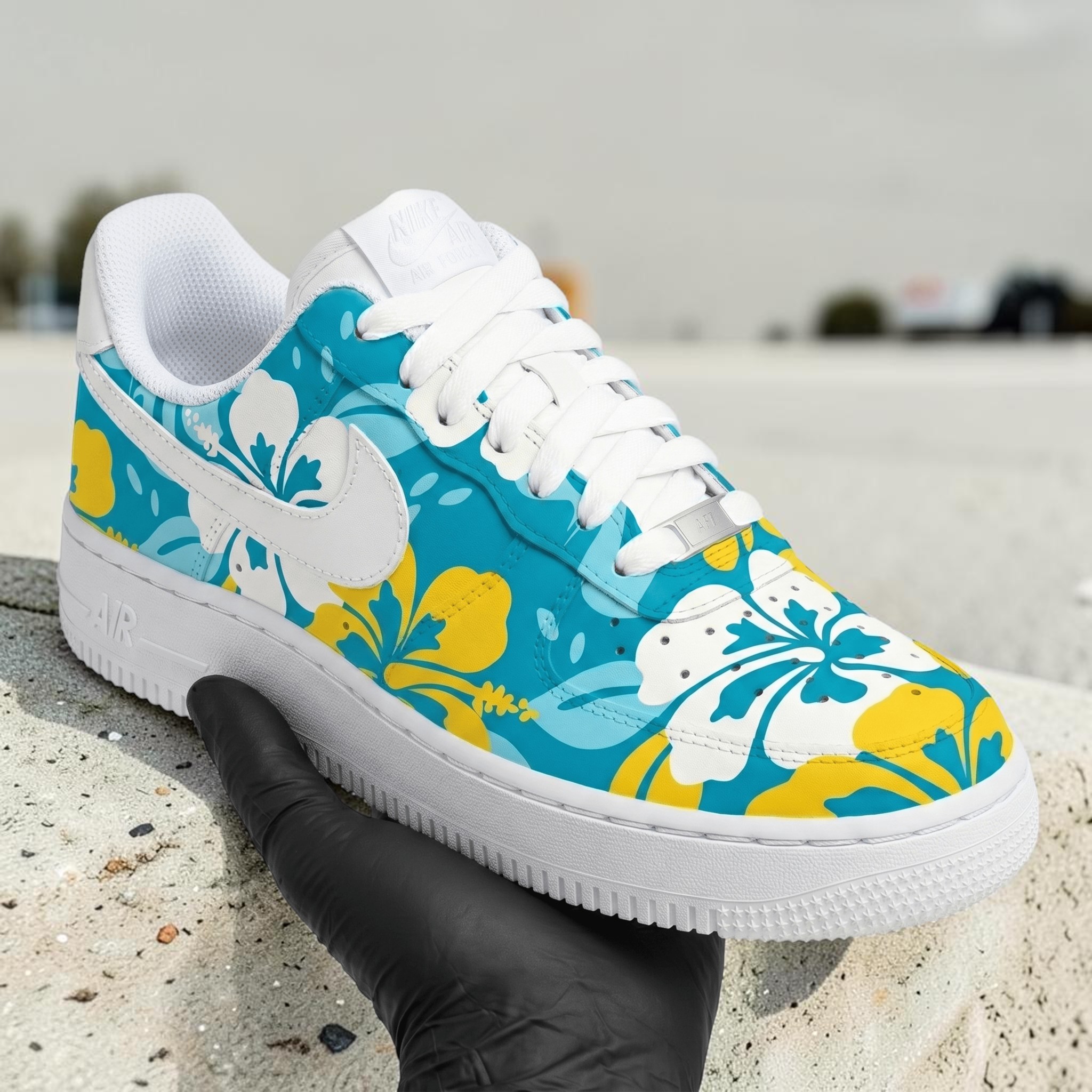 Custom Teal Floral AF1 Sneakers, Hand Painted Yellow & White Tropical Floral Shoes, Summer Beach Vibe Footwear. - gallery image 2