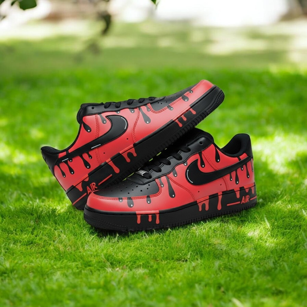 Black Red Drip Custom Air Force 1 Sneakers, Hand Painted Black Red Drip AF1 Shoes, Personalized Black AF1 Shoes - thumbnail