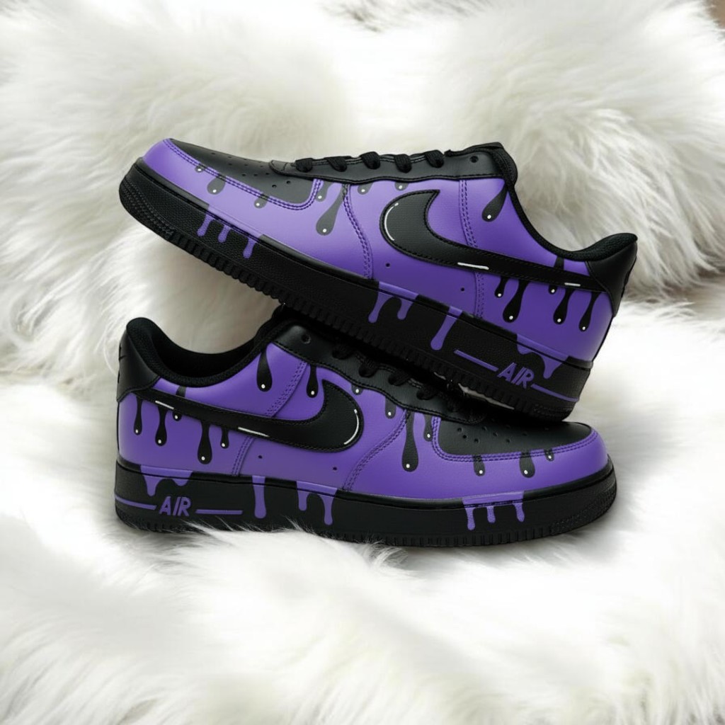 Black Purple Drip Custom Air Force 1 Sneakers, Hand Painted Black Purple Drip AF1 Shoes, Personalized Black AF1 Shoes - thumbnail