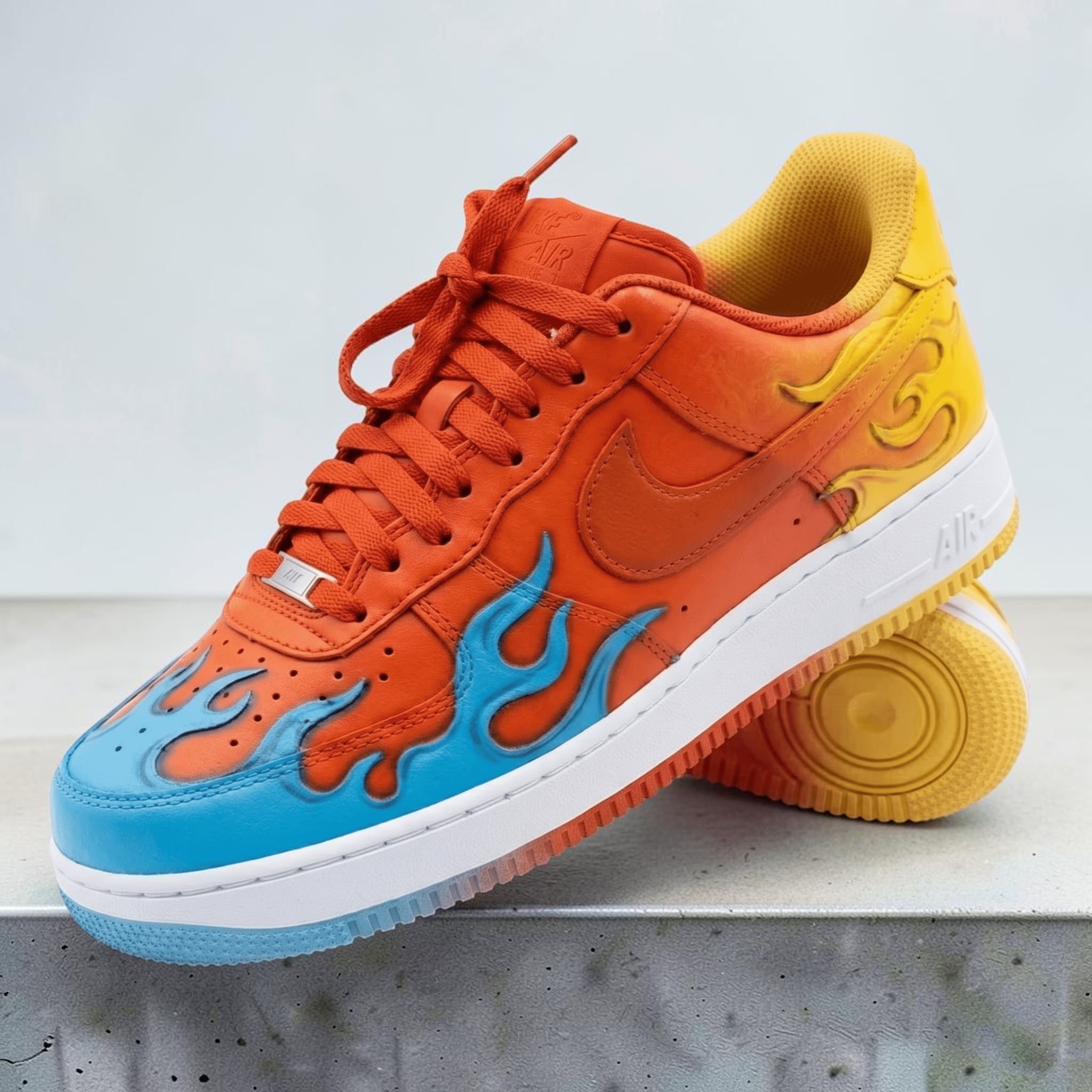 Vibrant Colorful Fire Custom AF1 Sneakers, Hand Painted Teal and Yellow Flame Shoes, Unique Colors AF1 Sneakers, Personalized Gift. - gallery image 5