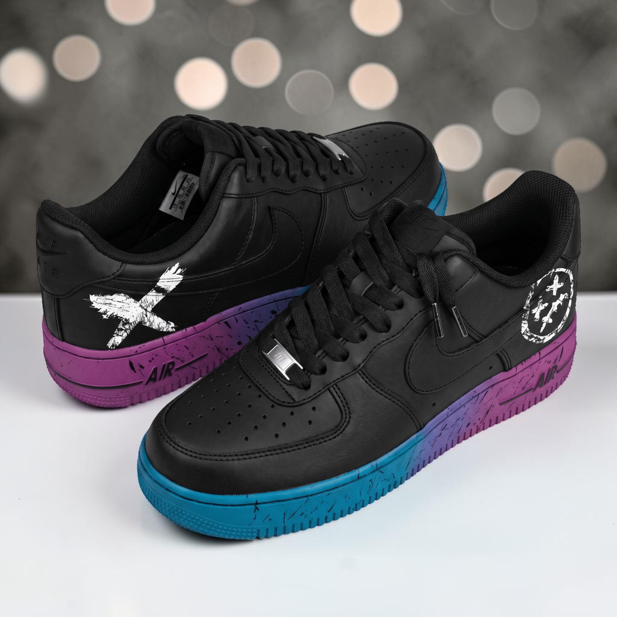 Custom Neon Blue and Pink AF1 Sneakers, Hand-Painted Splatter Black Shoes, Neon Paint Effect on Black AF1, Unique Streetwear Shoes. - gallery image 2