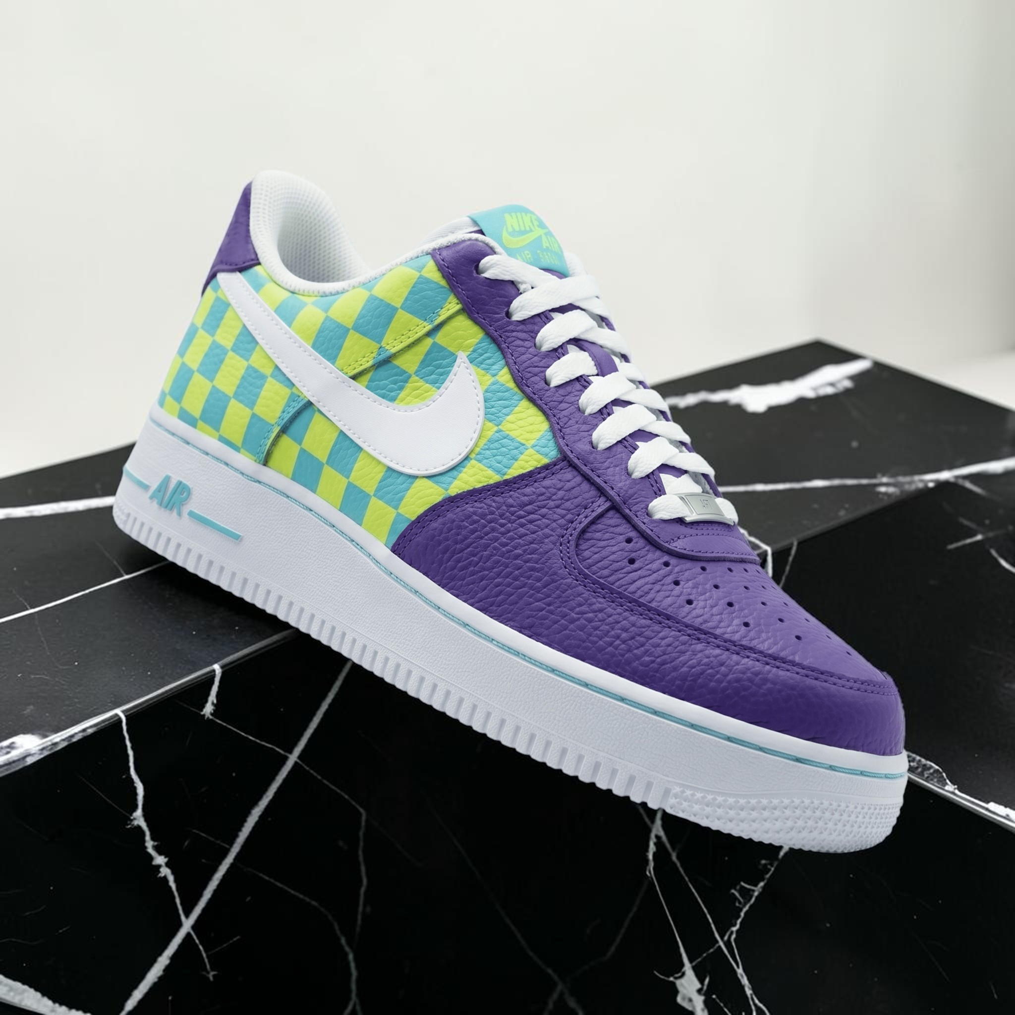 Custom Checkerboard Sneakers, Hand-Painted Purple and Green Checkered Design, Personalized Sneakers for Retro Lovers, Unique Art Shoes - gallery image 1