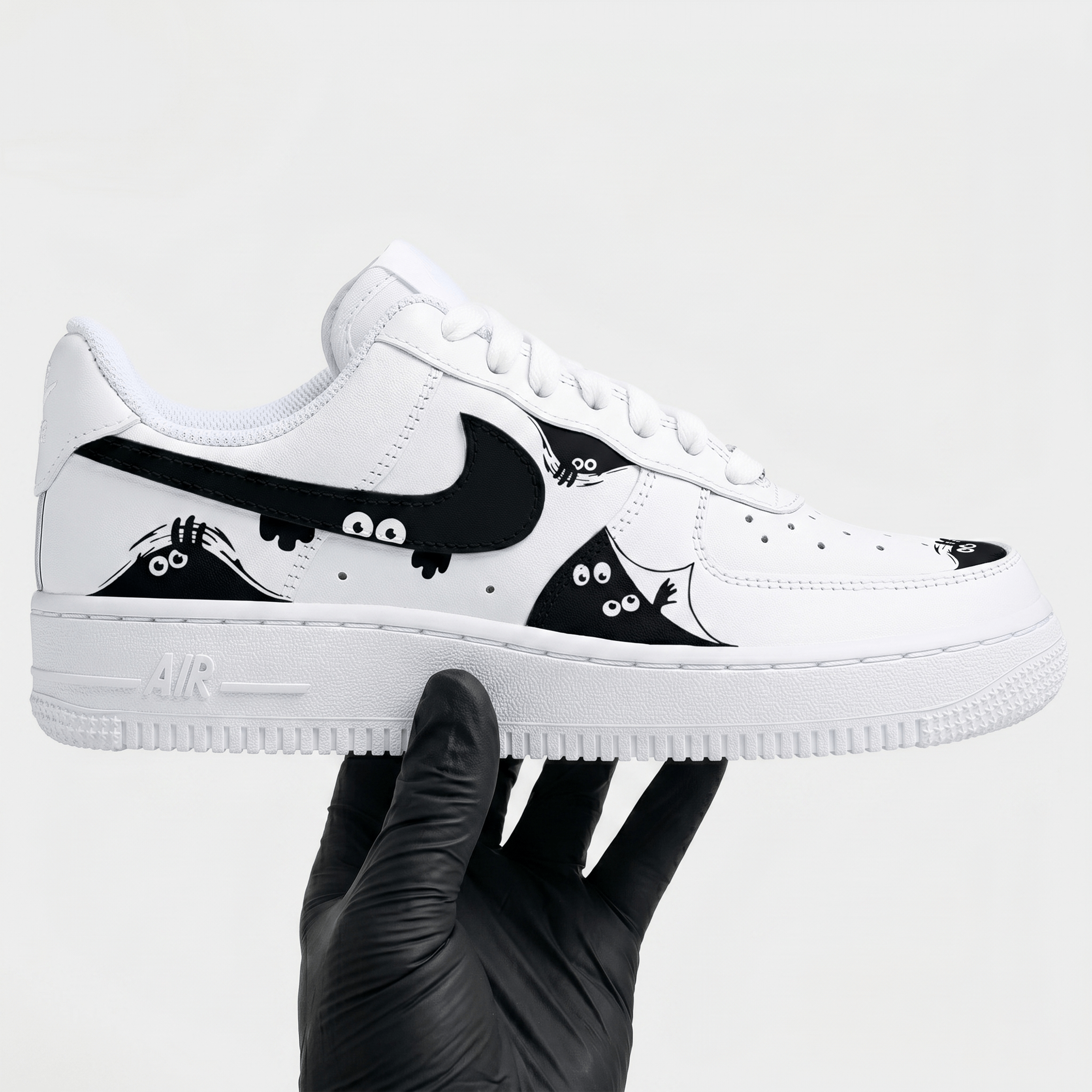 Custom Cute Monster Hide AF1 Sneakers, Hand-Painted Peeking Monster Shoes, Black and White Aesthetic Footwear, Gift for Sneakerheads. - gallery image 4