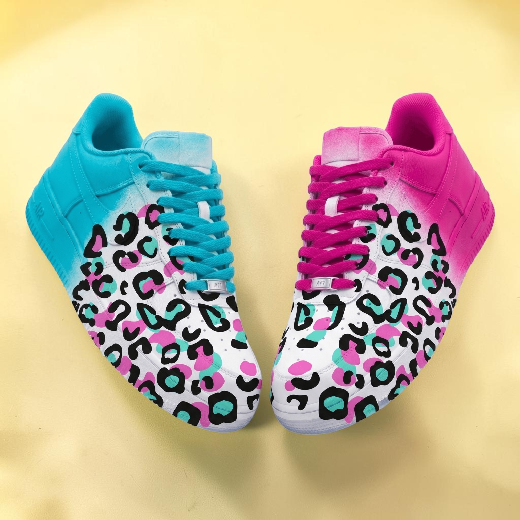Custom Pink & Blue Leopard AF1 Sneakers, Hand Painted Pink and Blue Leopard Shoes, Streetwear Colorful Sneakers, Unique Gift for Him Her. - gallery image 3