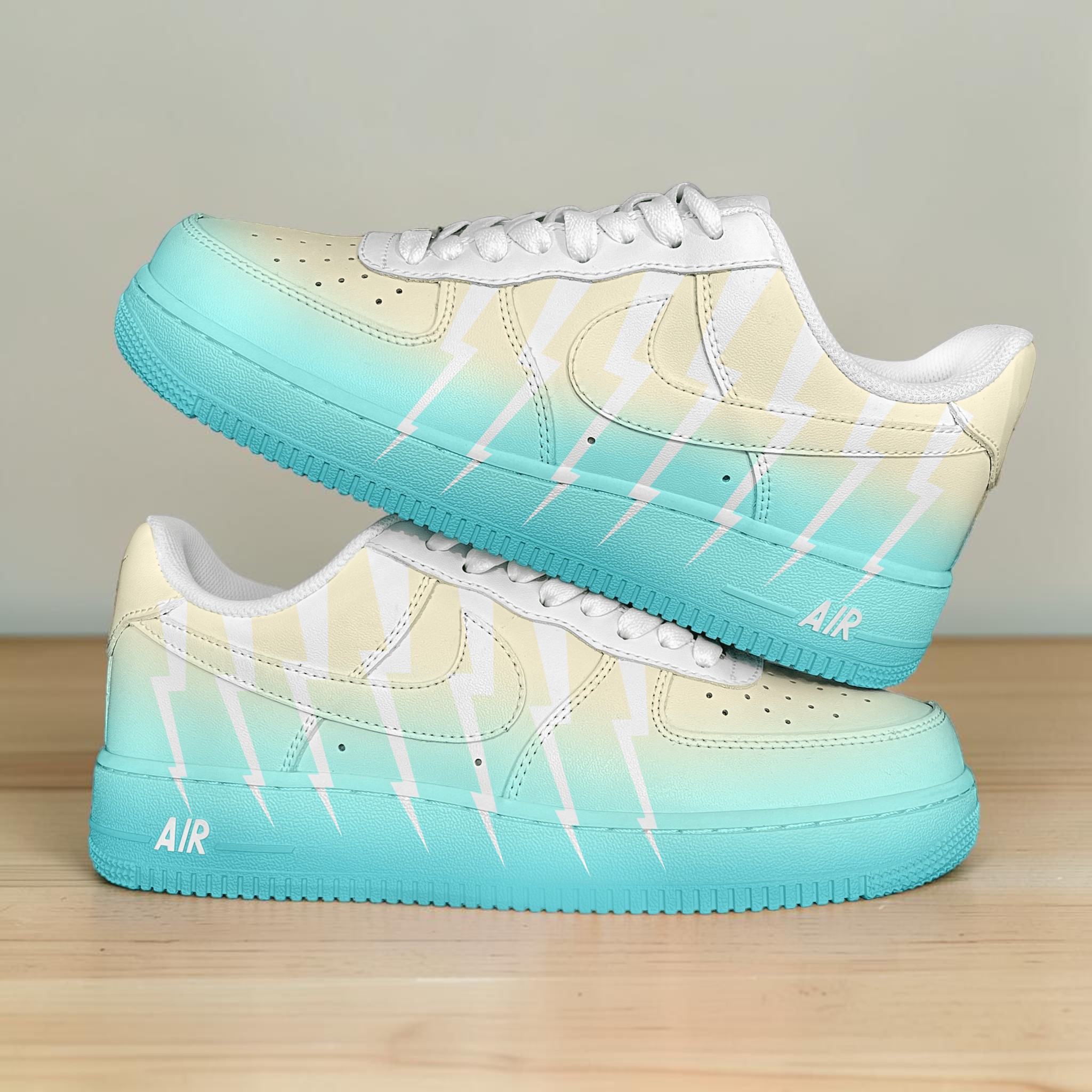 Custom Teal and Cream Gradient AF1 Sneakers, Unique Lightning Bolt Shoes, Hand Painted Lightning Bolt Design Sneakers, Gift for Sneakerheads - thumbnail