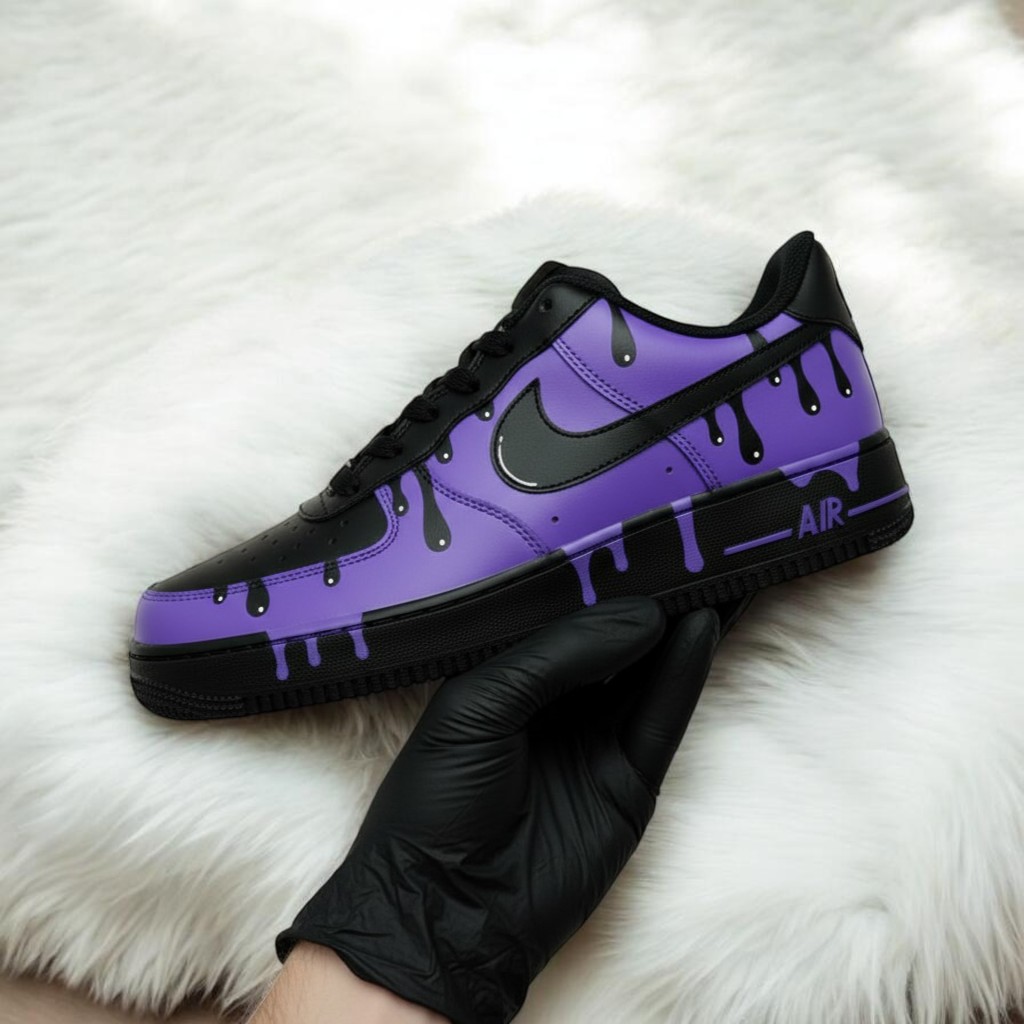 Black Purple Drip Custom Air Force 1 Sneakers, Hand Painted Black Purple Drip AF1 Shoes, Personalized Black AF1 Shoes - gallery image 1