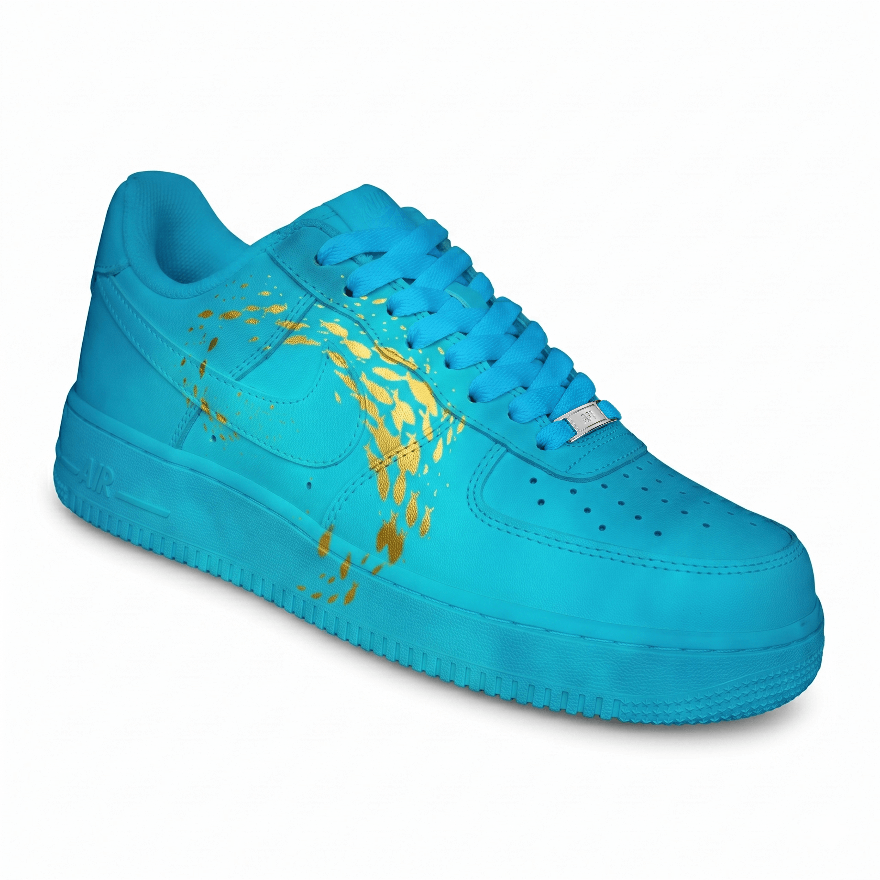 Custom Turquoise Ocean AF1 Sneakers , Hand Painted Golden Fish Shoes, Turquoise Blue & Gold AF1, Unique Gift for Sneakers Lovers. - gallery image 2