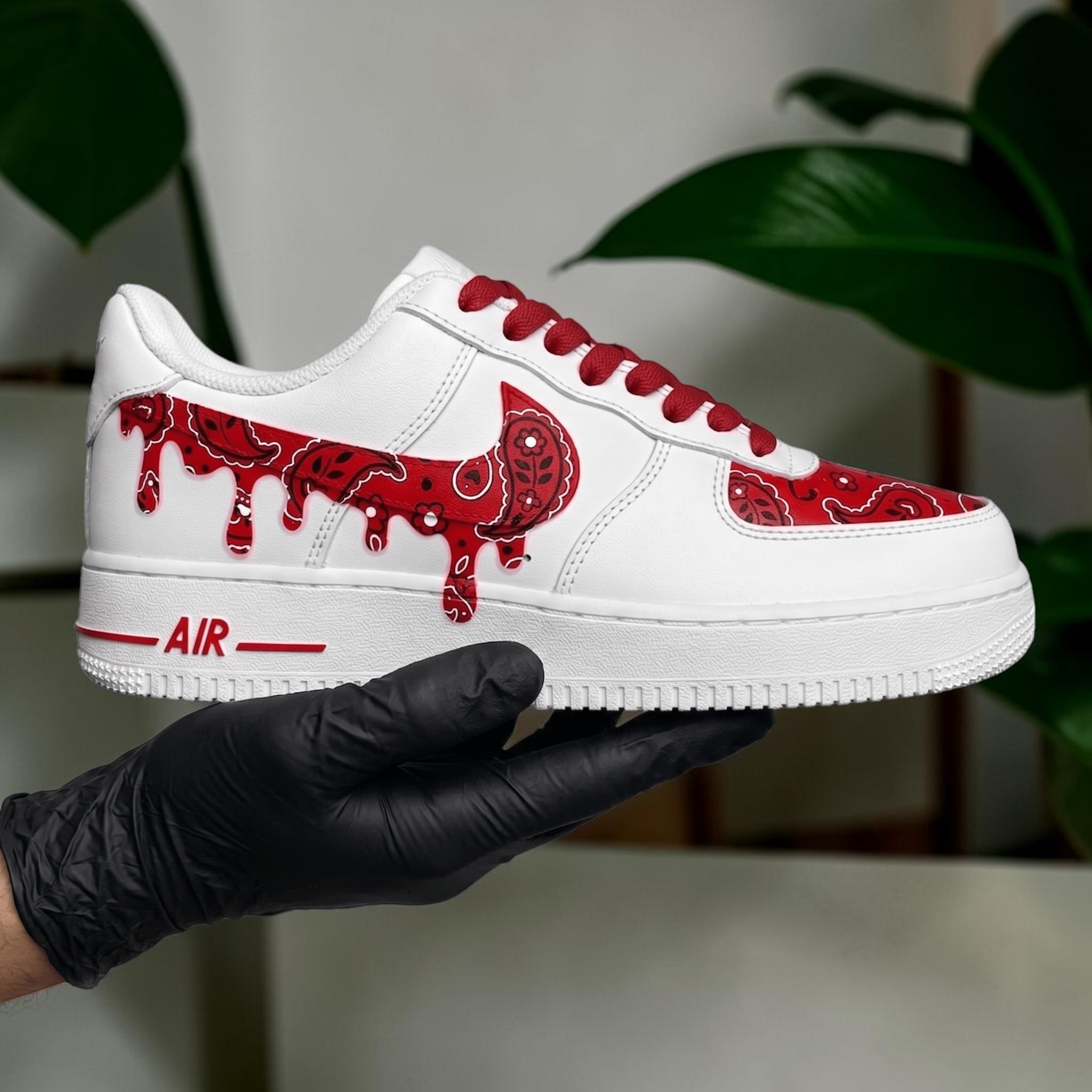 Custom Red and Blue Bandana AF1 Sneakers, Hand Painted Drip Effect Paisley Shoes, Unique White AF1 Sneakers Design, Gifts for Him and Her. - gallery image 2
