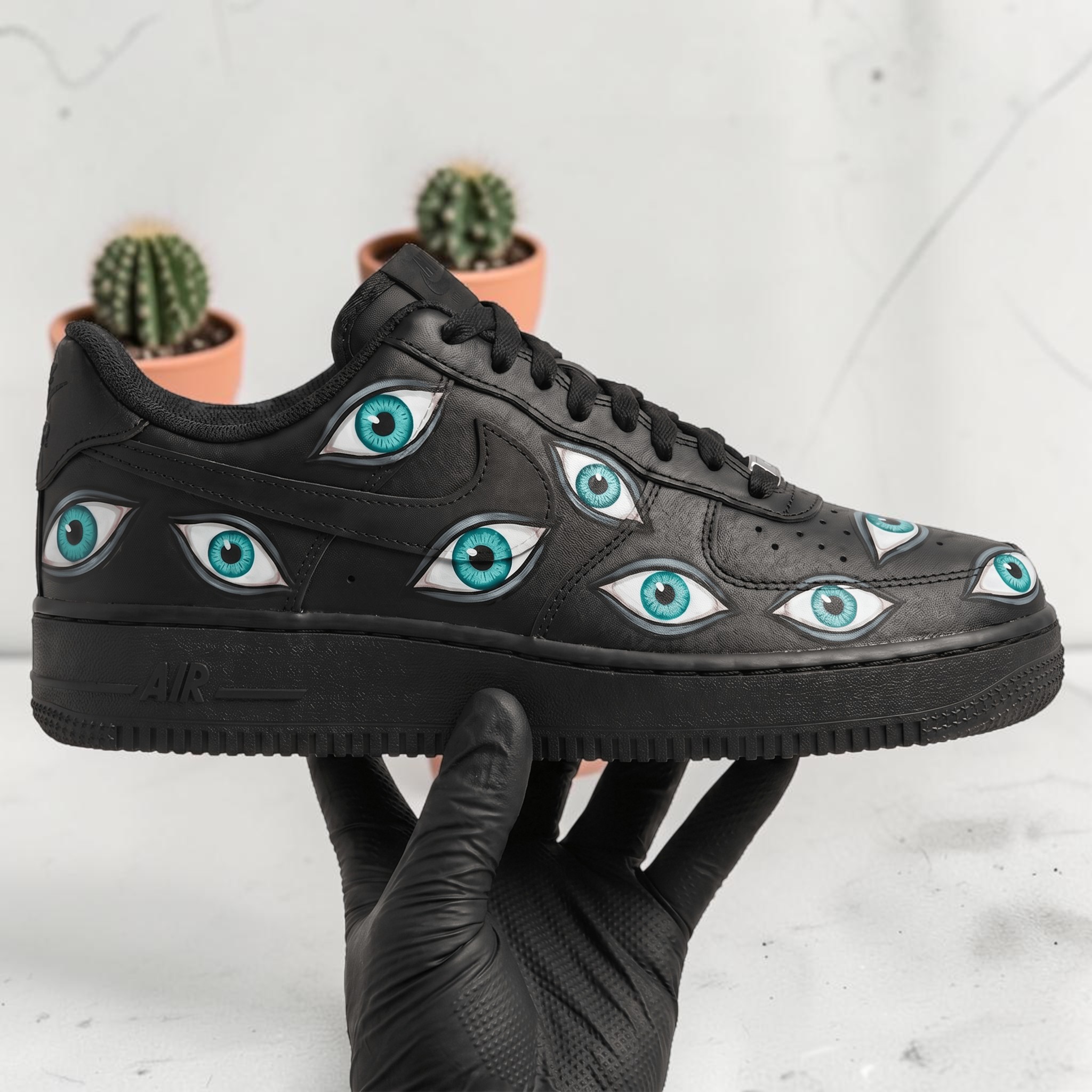 Hand Painted Eyes Black AF1 Sneakers, Custom Teal Eyes Pattern Sneakers, Realistic Eye AF1 Style, Unique Streetwear Gift. - gallery image 1