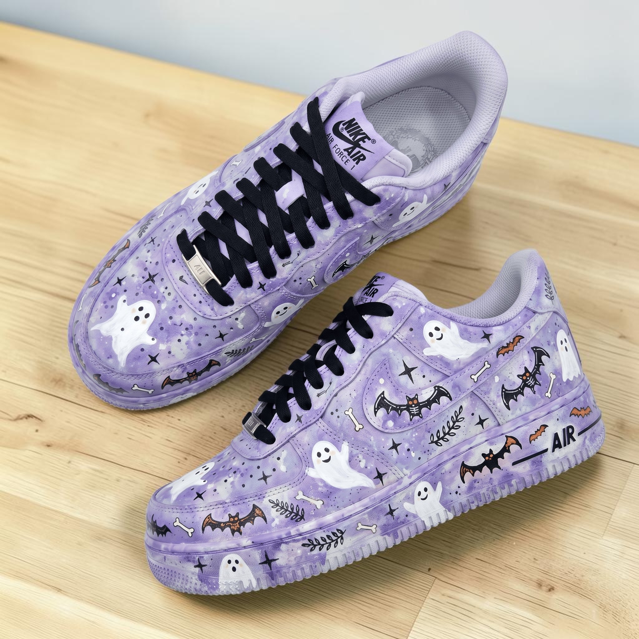 Hand Painted Cute Ghost Sneakers, Custom Pastel Purple Shoes, Spooky Halloween Bat Sneakers, Gift for Him Her. - thumbnail