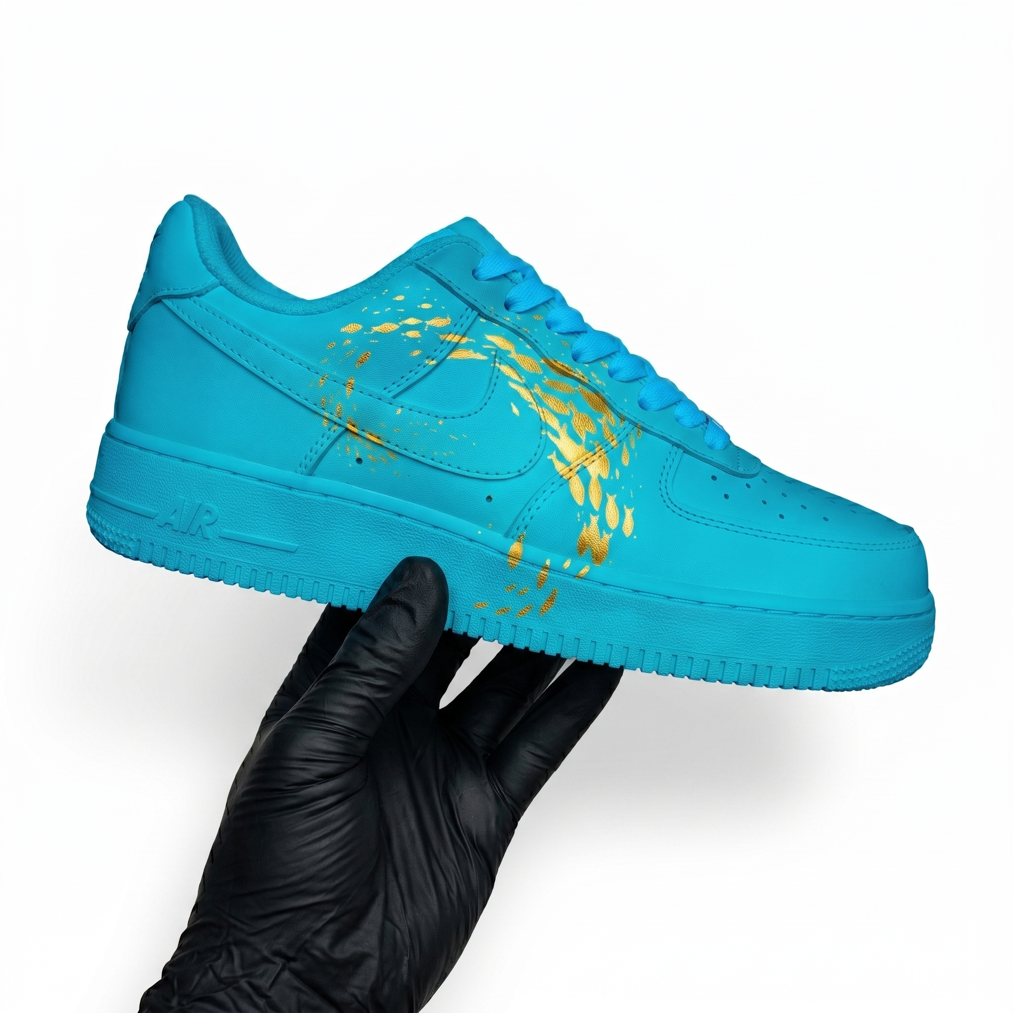 Custom Turquoise Ocean AF1 Sneakers , Hand Painted Golden Fish Shoes, Turquoise Blue & Gold AF1, Unique Gift for Sneakers Lovers. - gallery image 3