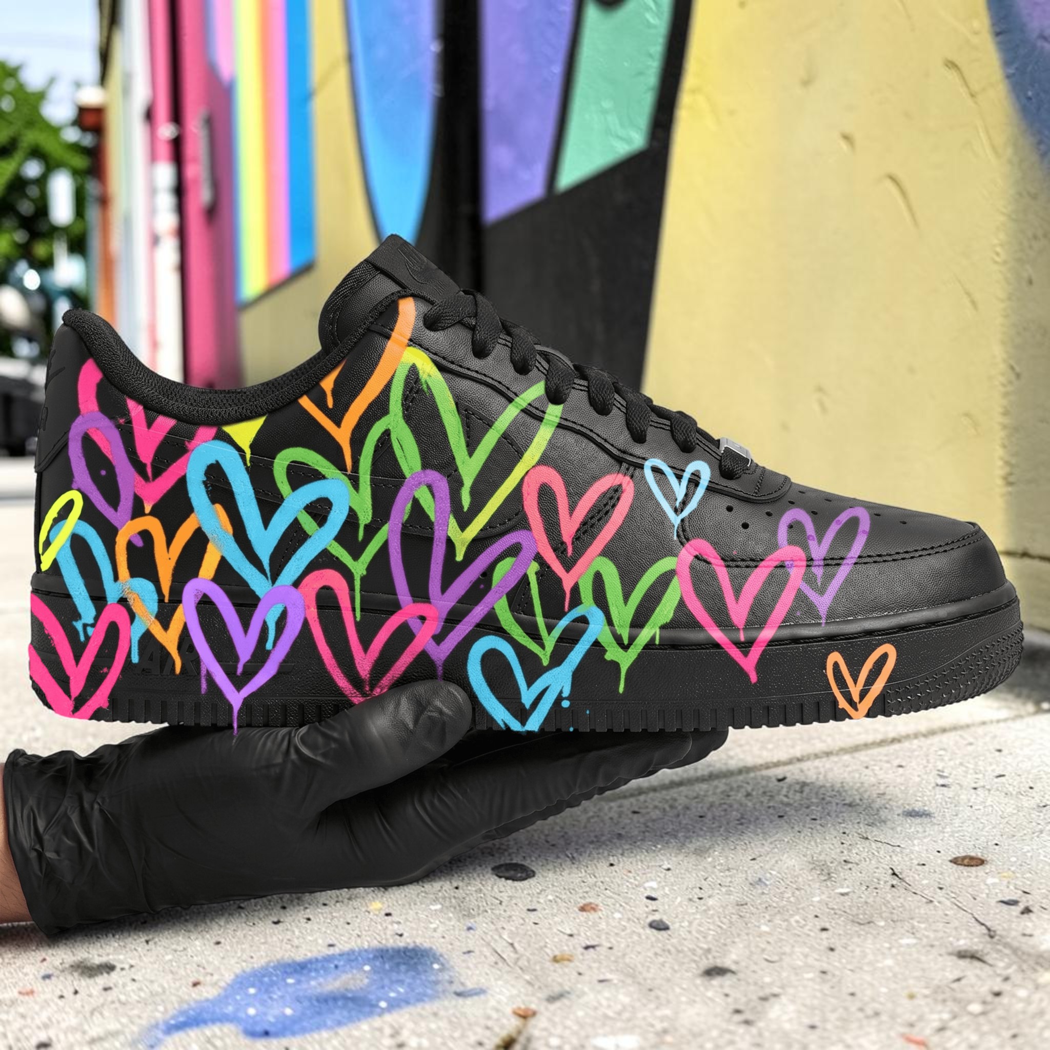 Custom Neon Heart AF1 Sneakers, Hand Painted Colorful Heart Splatter Shoes, Unique Streetwear AF1 Sneakers, Personalized Gift for Him Her. - gallery image 1