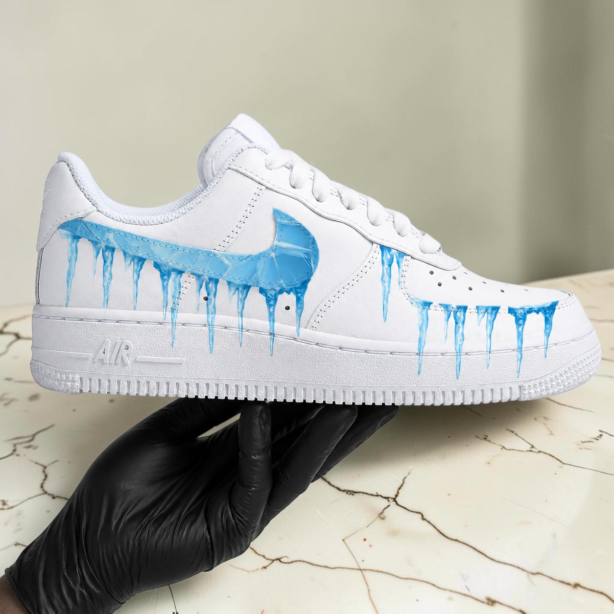 Blue Drip Paint Custom Sneakers, Hand-Painted White Leather Shoes, Artistic Dripping Design Low-Top Sneakers - gallery image 1