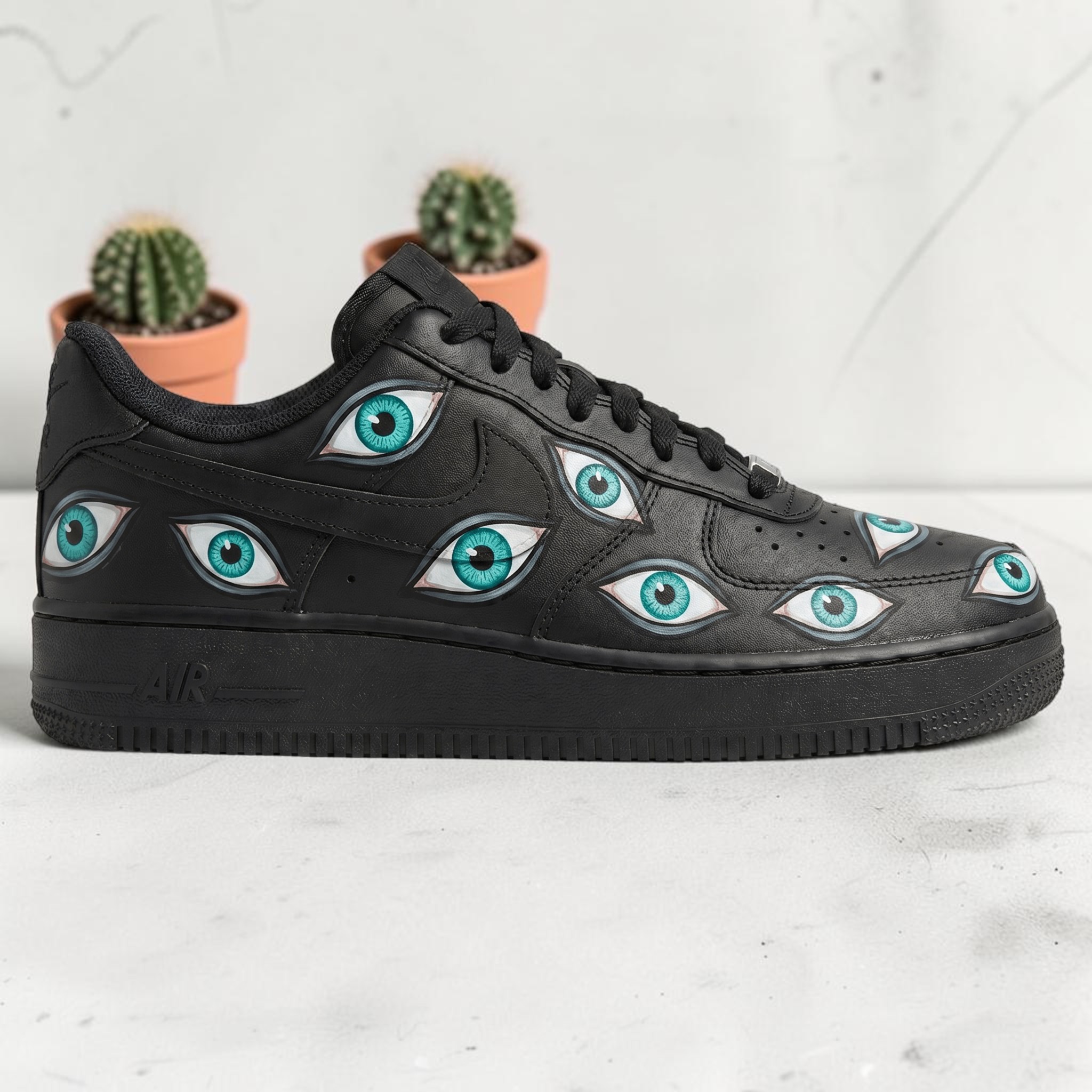 Hand Painted Eyes Black AF1 Sneakers, Custom Teal Eyes Pattern Sneakers, Realistic Eye AF1 Style, Unique Streetwear Gift. - gallery image 2