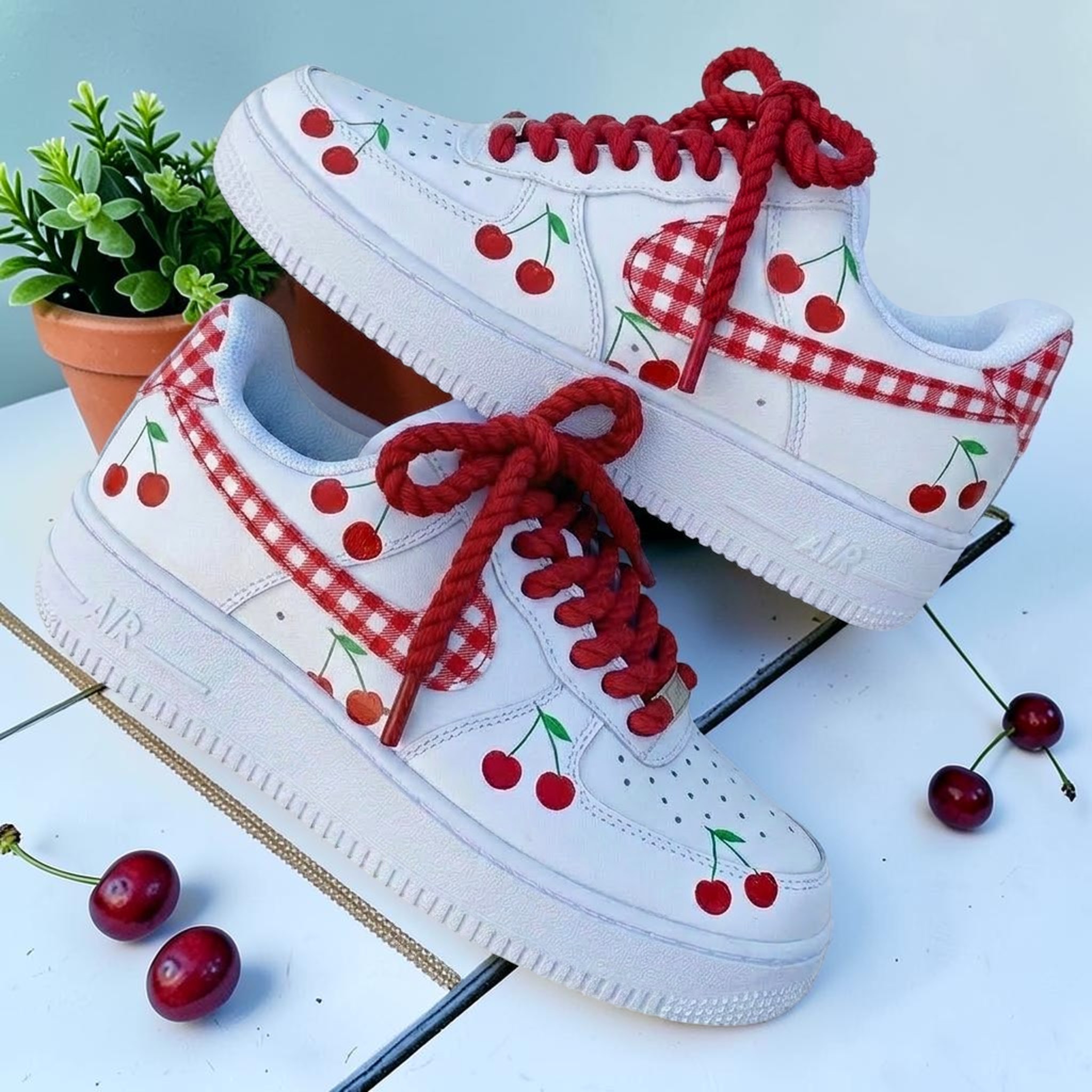 Hand-Painted Cherry and Red Plaid AF1 Sneakers, Custom Red White Shoes, Coquette Cherry Footwear, Unique Gift for Her. - thumbnail