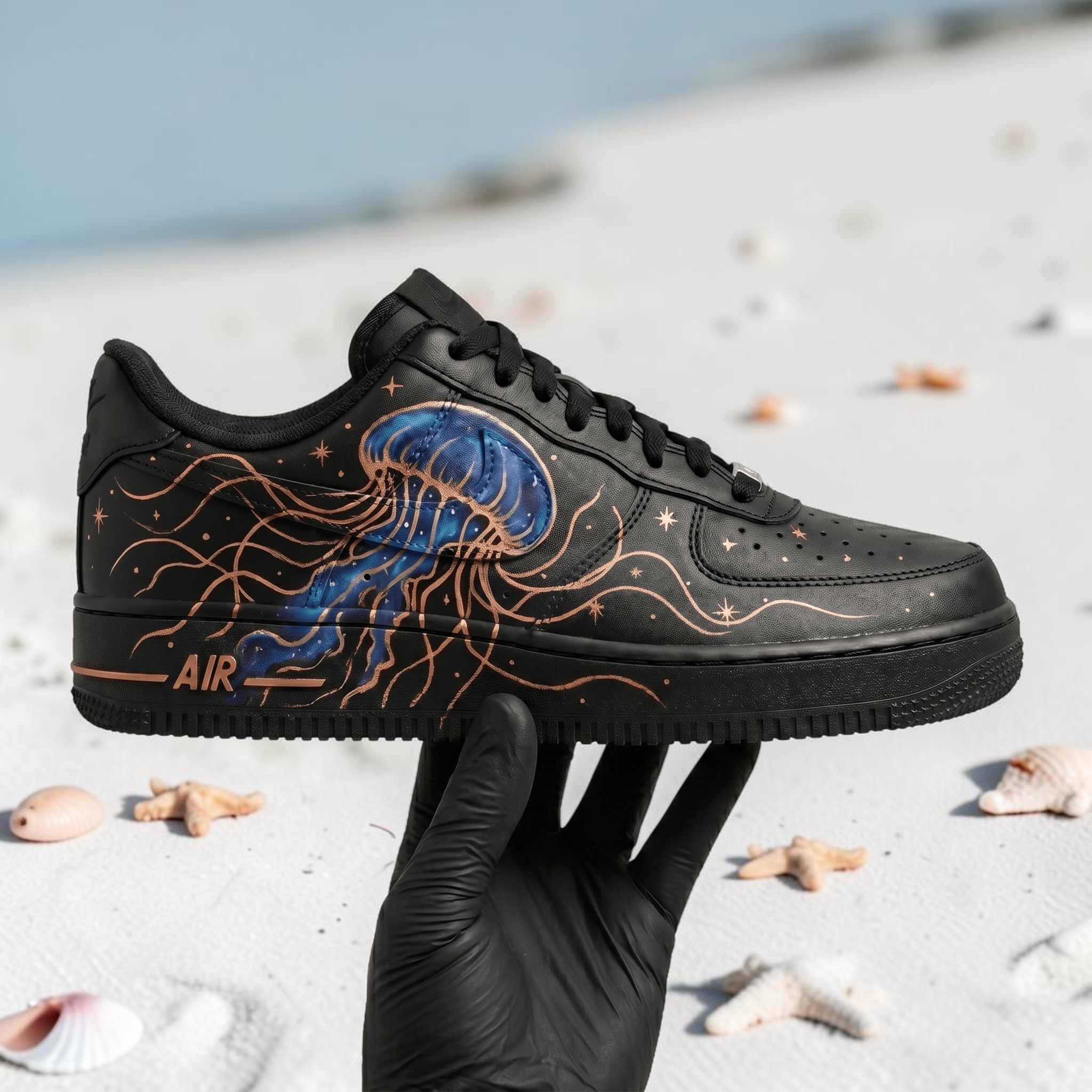 Custom Jellyfish AF1 Sneakers, Hand-Painted Ocean Blue and Gold Shoes, Custom Effect on Black AF1 Sneakers, Unique Gift for Him Her. - gallery image 2