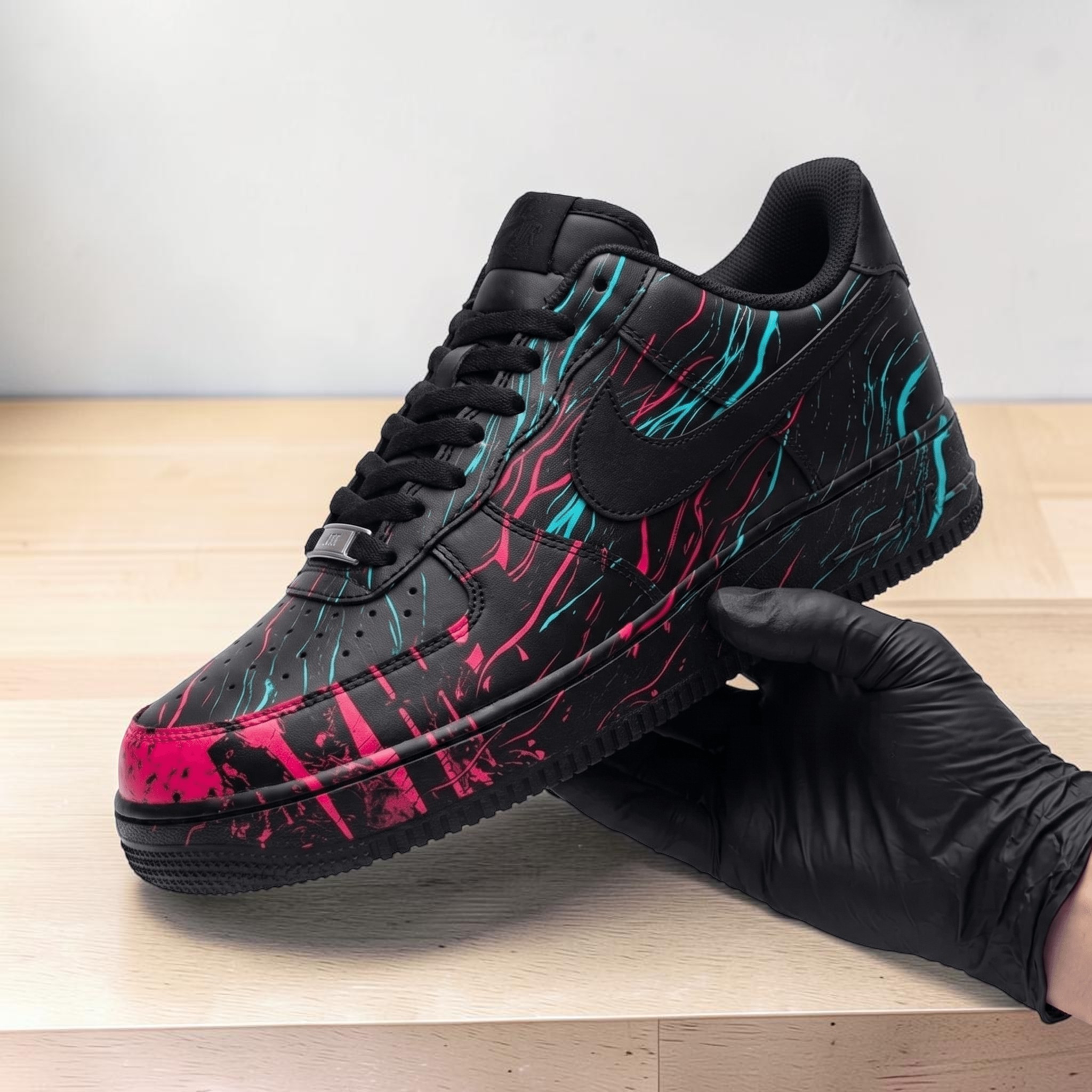 Custom Blue and Pink AF1 Sneakers, Hand Painted Black Shoes with Neon Gradient, Magenta to Blue Gradient Sneakers, Unique Gift for Him Her. - gallery image 1