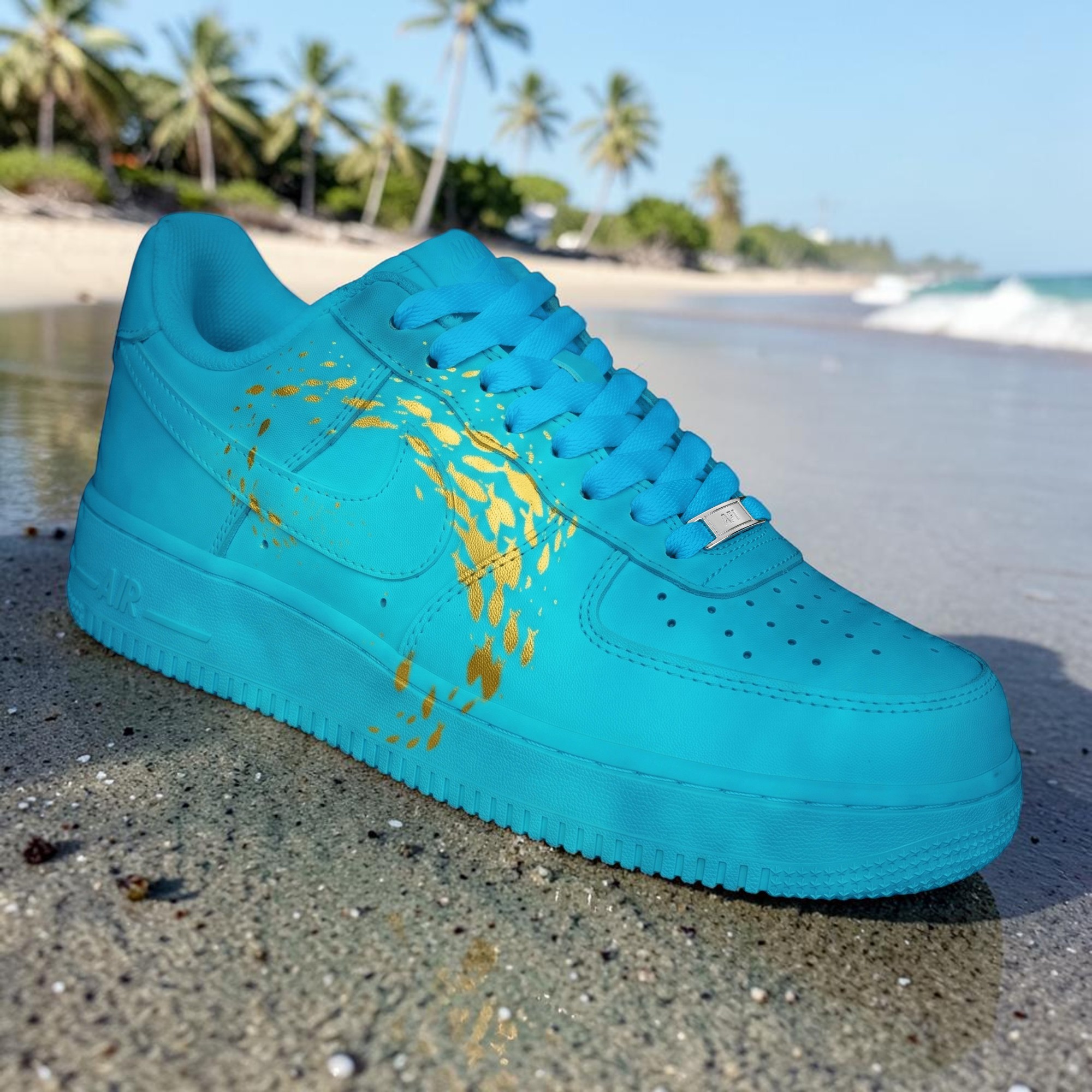 Custom Turquoise Ocean AF1 Sneakers , Hand Painted Golden Fish Shoes, Turquoise Blue & Gold AF1, Unique Gift for Sneakers Lovers. - thumbnail