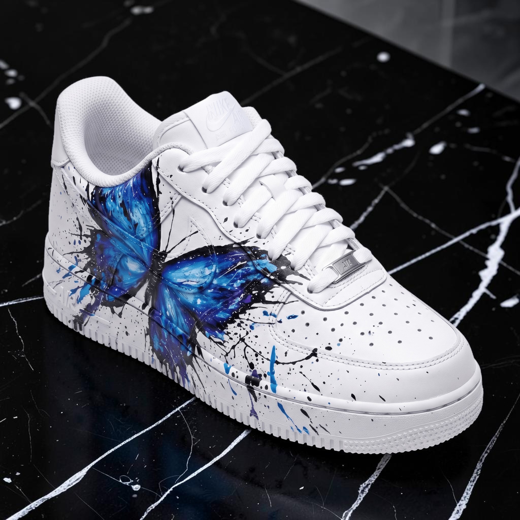 Custom Butterfly Sneakers, Hand-Painted Blue Butterfly Design, Personalized Sneakers with Abstract Art, Vibrant Butterfly Splash Art - gallery image 2