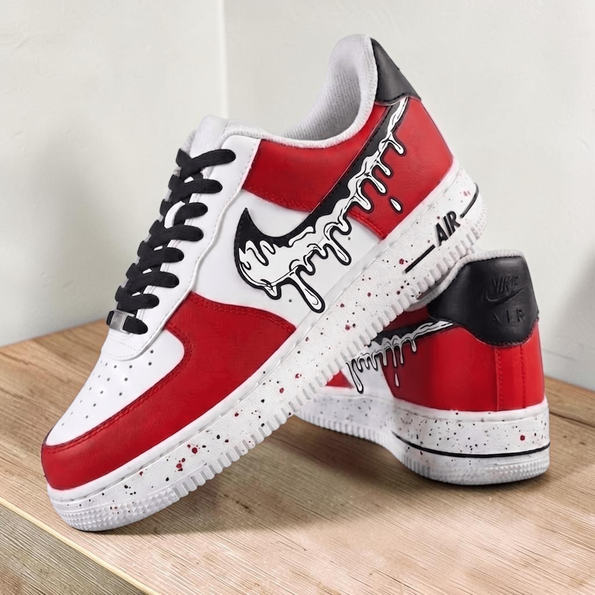 Red Custom AF1 Cartoon Drip Sneakers, Hand Painted Red and White AF1, Custom 2D Effect Sneakers, Comic Style Custom Kicks. - thumbnail