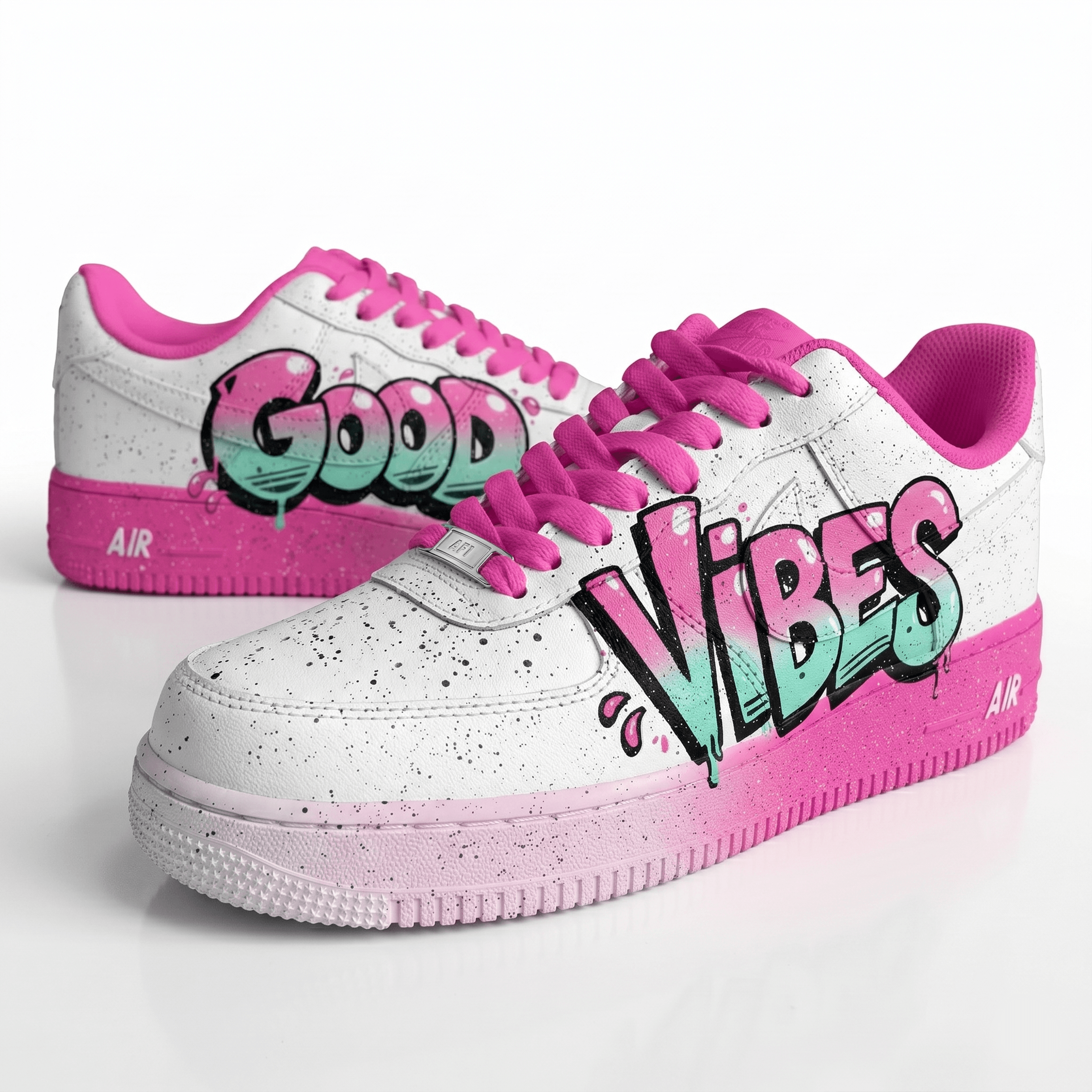 Hand Painted Good Vibes Graffiti AF1 Sneakers, Custom Hand Painted Pink Sneakers, Pink Splash Shoes, Personalized Gift for Teens & Women. - gallery image 5