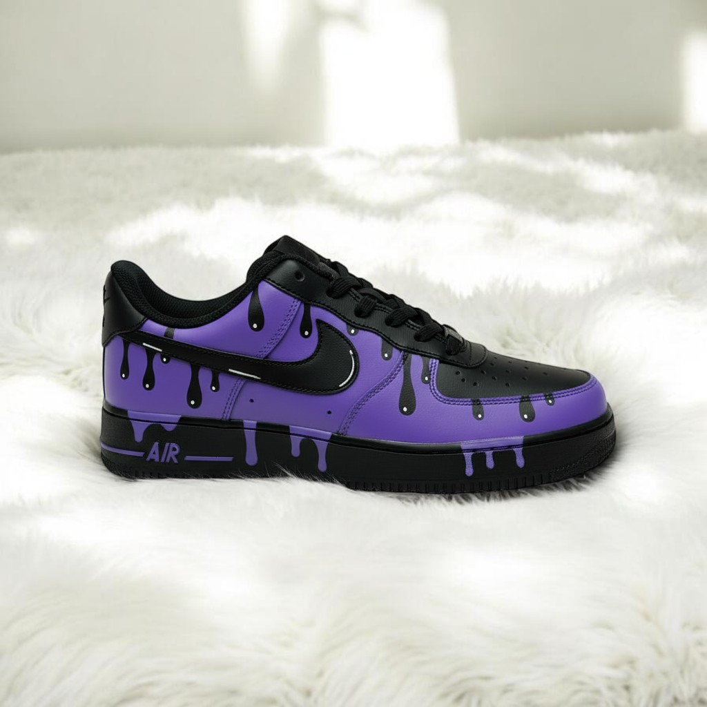 Black Purple Drip Custom Air Force 1 Sneakers, Hand Painted Black Purple Drip AF1 Shoes, Personalized Black AF1 Shoes - gallery image 2