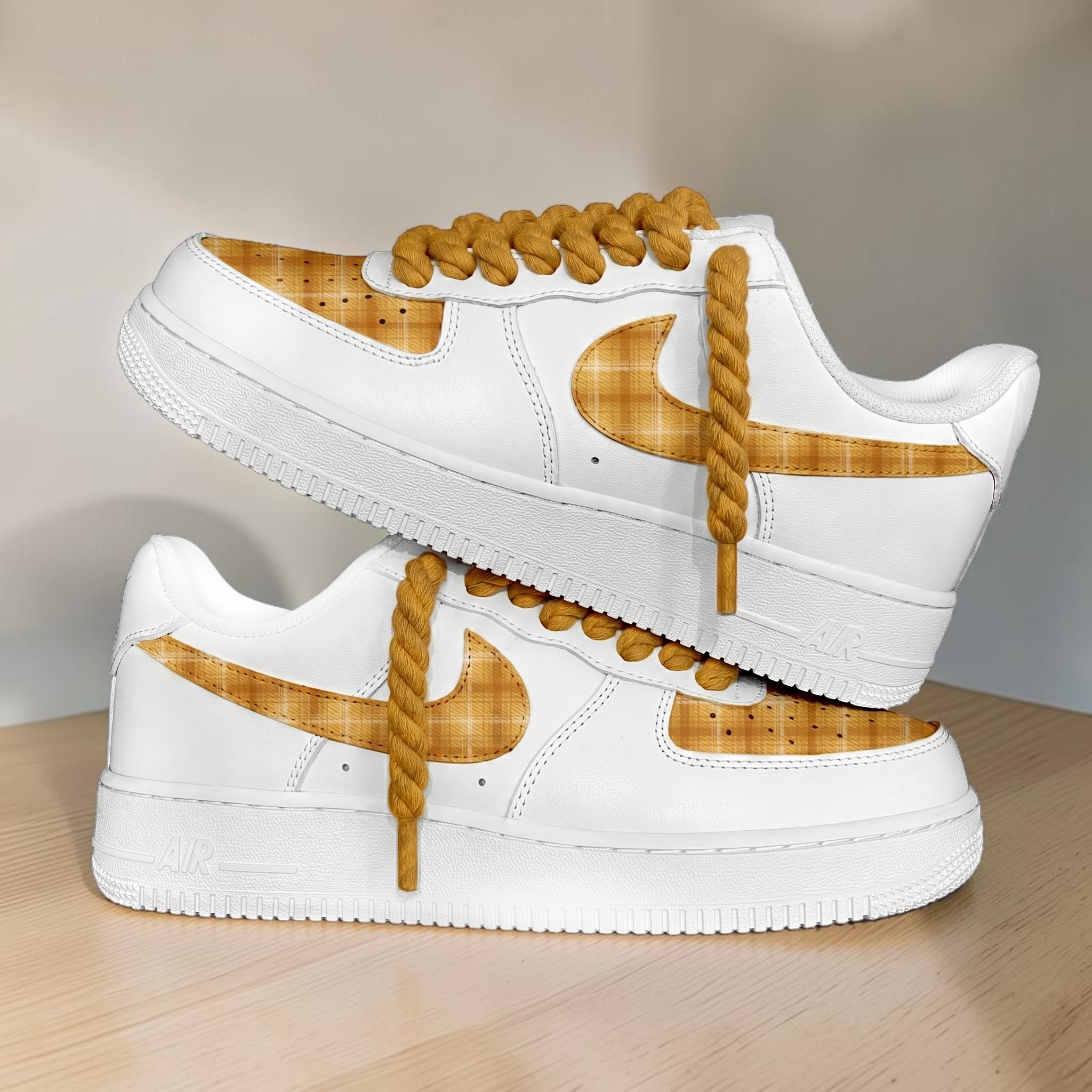 Yellow Plaid Custom Sneakers, Hand-Painted Tartan Shoes, Unique Vintage Style Plaid White Shoes, Gift for Him Her. - gallery image 1