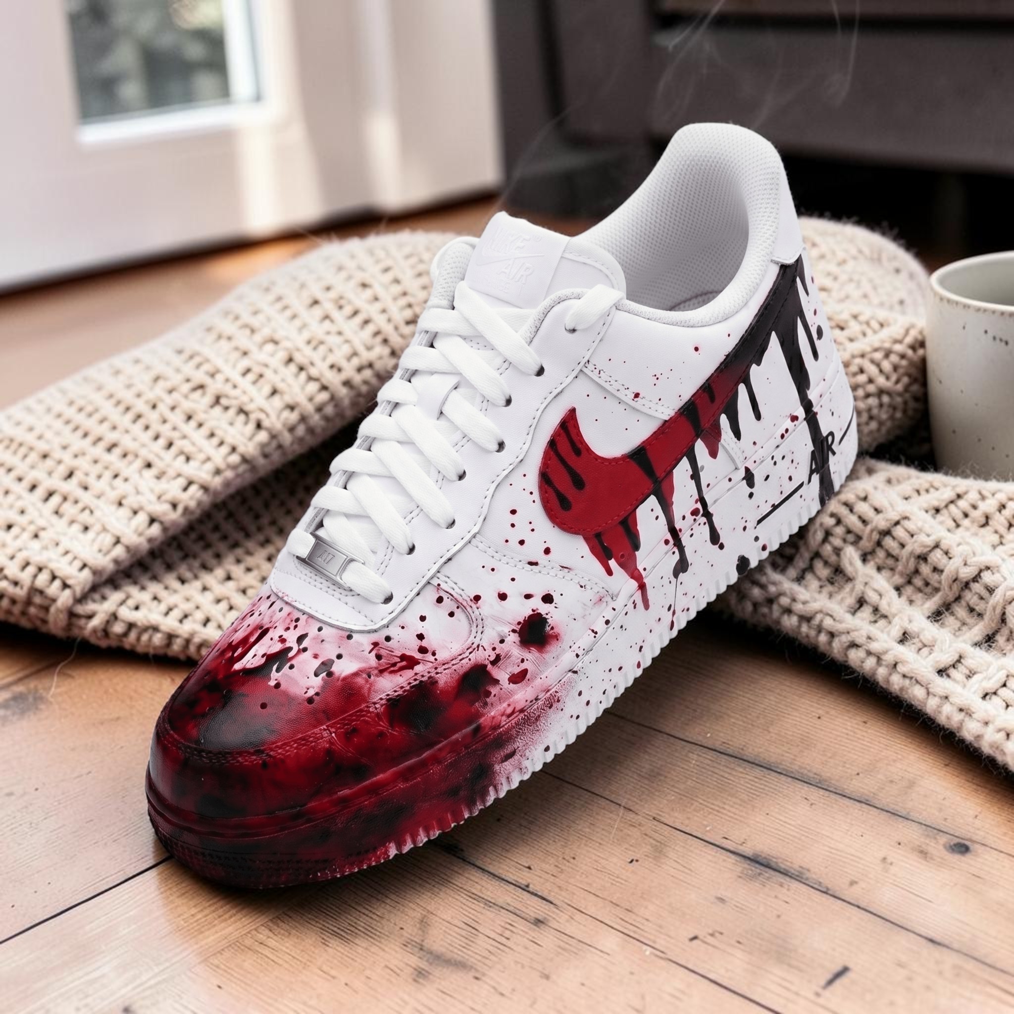 Custom Red Black Splatter Sneakers, Hand Painted Horror Aesthetic Shoes, Red Drip Sneakers, Unique Halloween Gift. - thumbnail
