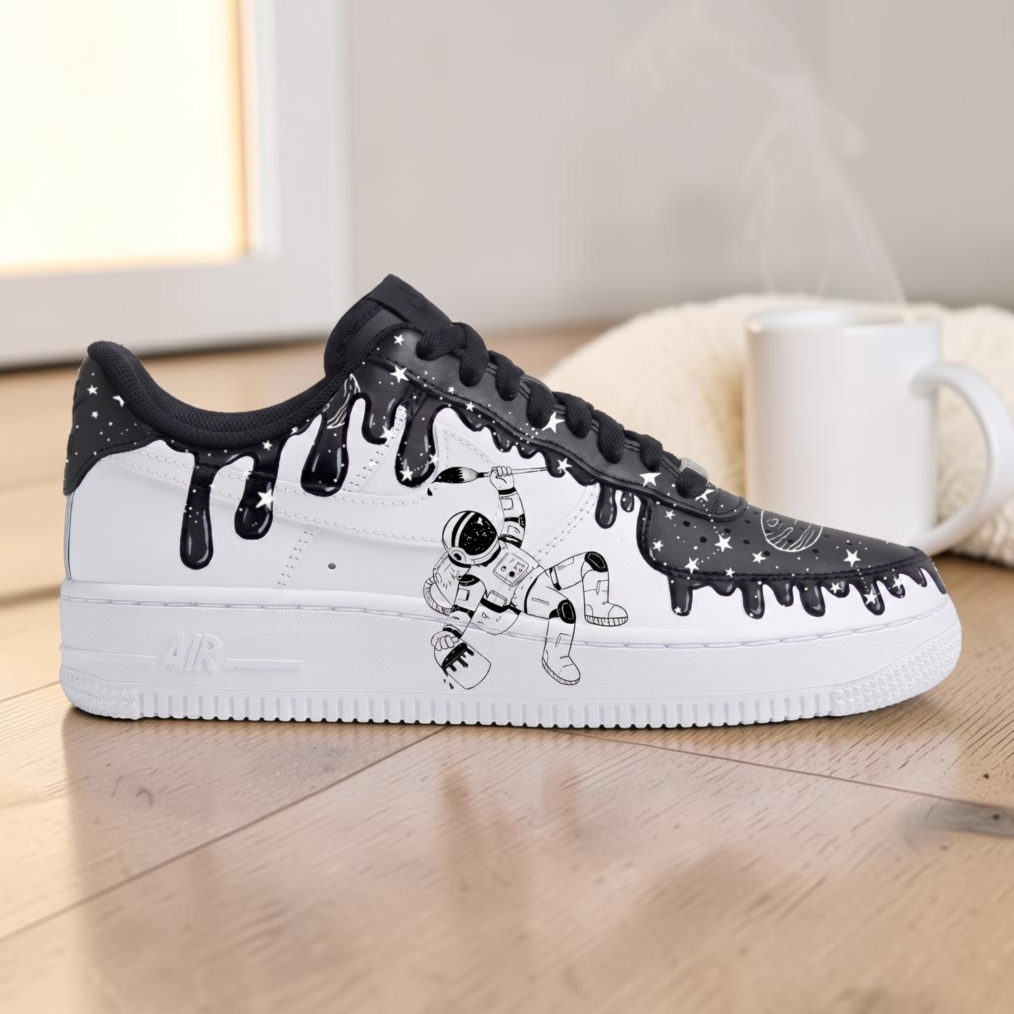 Custom Astronaut Galaxy Black Drip AF1 Sneakers, Hand-Painted Space Universe Sneakers, Black and White Astronaut Custom AF1. - thumbnail