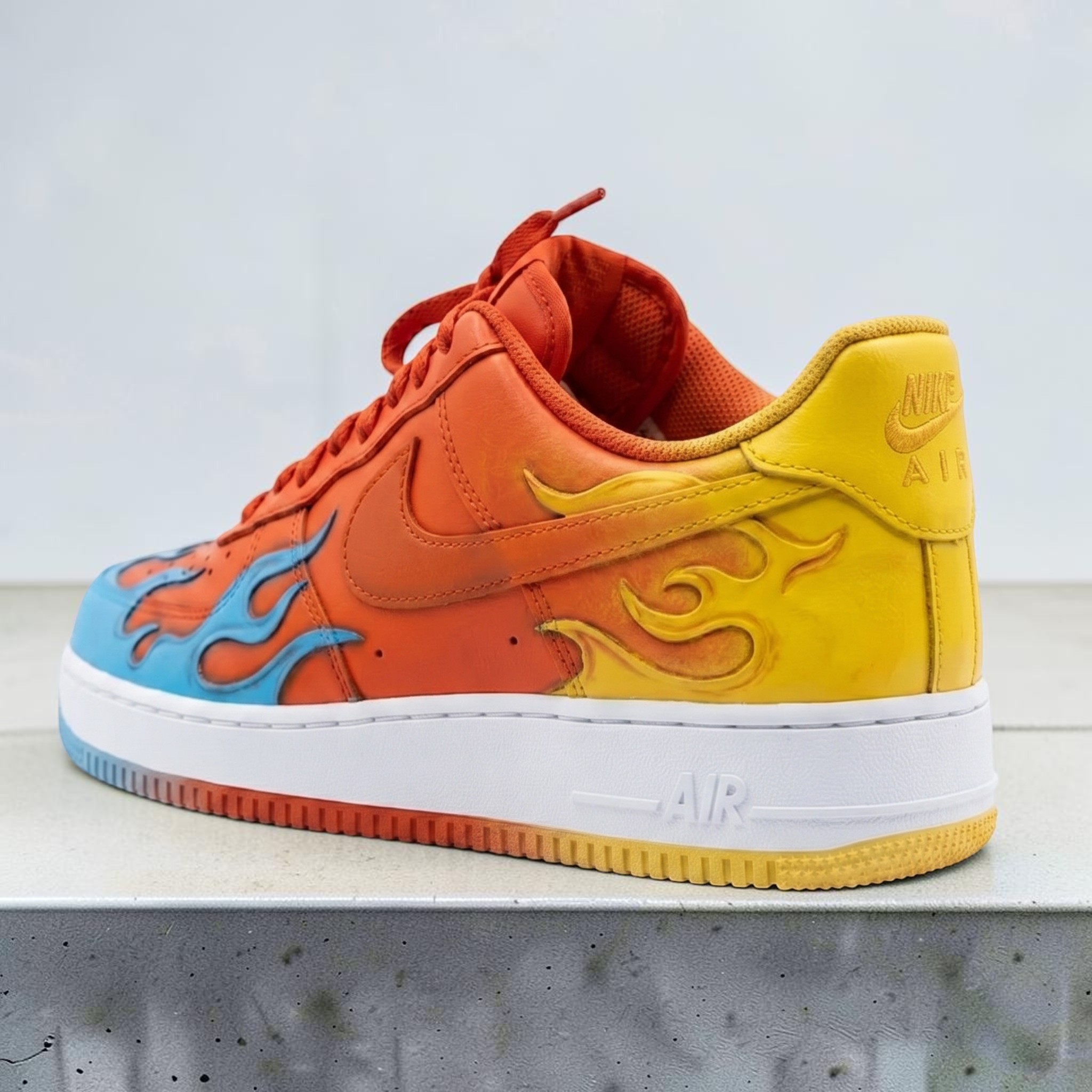 Vibrant Colorful Fire Custom AF1 Sneakers, Hand Painted Teal and Yellow Flame Shoes, Unique Colors AF1 Sneakers, Personalized Gift. - gallery image 3