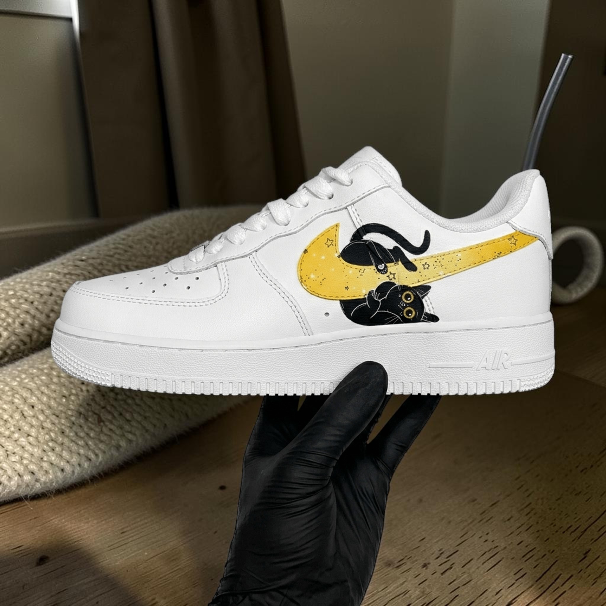 Hand Painted Black Cat AF1 Sneakers, Custom Cat Yellow Moon Shoes, Cute Animal Sneakers AF1 Sneakers, Gifts for Cat Lover. - gallery image 1
