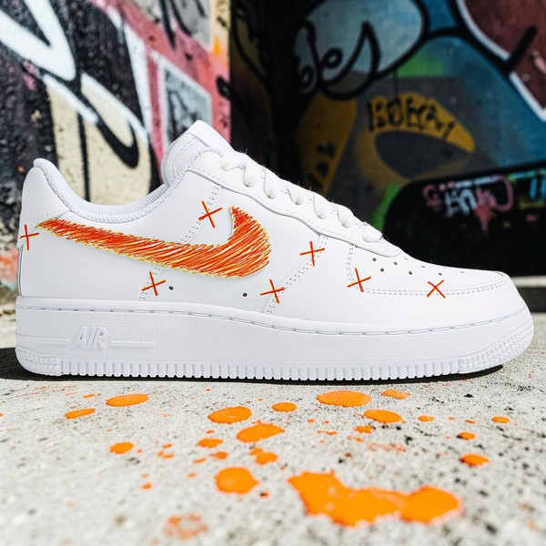 Orange Sketch Custom AF1 Sneakers, Hand Painted Style Fashion Shoes, White Orange Doodle AF1, Personalized Gift for Him Her. - Custom Hand-Painted Shoes | ZivoSell