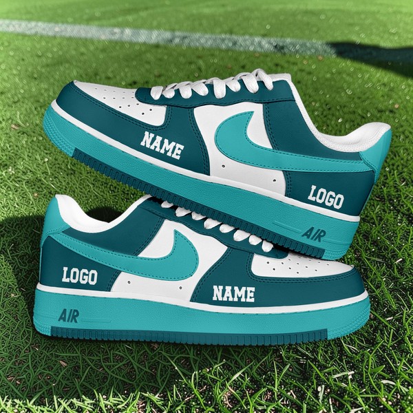Custom Teal & White Color-Block Sneakers, Personalized Low-Top Shoes, Turquoise Swoosh Design Trainers - Custom Hand-Painted Shoes | ZivoSell
