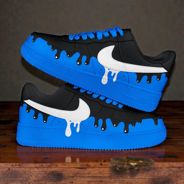 Custom Hand Painted Black Blue Drip AF1 Sneakers, Streetwear Art Shoes - Custom Hand-Painted Shoes | ZivoSell