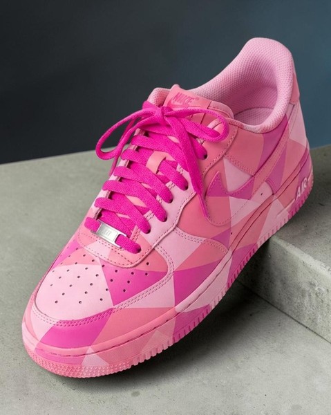 Hot Pink Color Block Sneakers, Custom High-Top Athletic Shoes, Hand-Painted Geometric Design Trainers - Custom Hand-Painted Shoes | ZivoSell