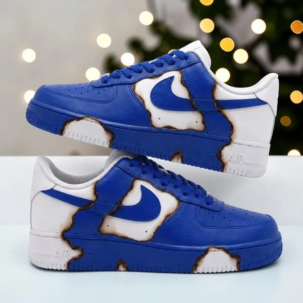 Custom Royal Blue and White Burnt AF1 Sneakers, Hand Painted Scorched Blue Sneakers, Unique Burn Effect Sneakers, Bold Streetwear Kicks. - Custom Hand-Painted Shoes | ZivoSell