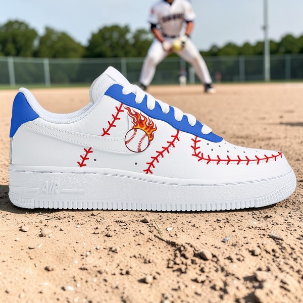 Custom Hand-Painted Baseball AF1 Sneakers, Blue White Sports Shoes - Custom Hand-Painted Shoes | ZivoSell