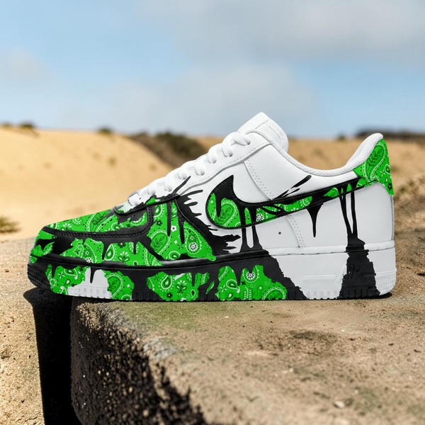 Custom Green Bandana and Black Splatter AF1 Sneakers, Hand Painted Street White Sneakers, Unique Gift for Him and Her. - Custom Hand-Painted Shoes | ZivoSell
