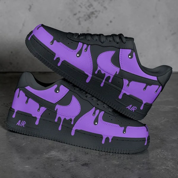 Custom Purple Drip Af1 Sneakers, Black Streetwear Melt Design Shoes, Unique Dripping Effect Trainers, Personalized Unisex Custom Gift Shoes - Custom Hand-Painted Shoes | ZivoSell