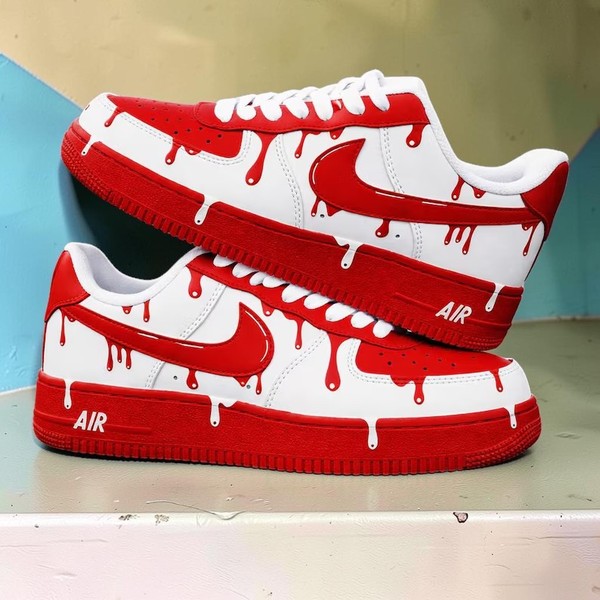 Custom Drip Paint Sneakers, Red and White Hand-Painted Dripping Design, Personalized Street Art Shoes, Artistic Graffiti Low-Top Sneakers - Custom Hand-Painted Shoes | ZivoSell