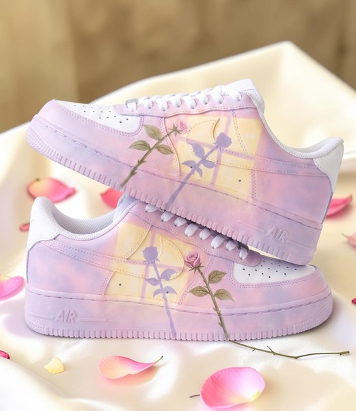 Pastel Floral Sneakers, Hand-Painted Botanical Design Shoes, Custom Lavender Pink Trainers with Rose Details - Custom Hand-Painted Shoes | ZivoSell