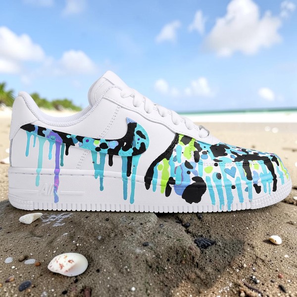 Custom Light Blue Splatter Sneakers, Hand Painted Neon Blue and Green Drip Sneakers, Unique Design Shoes, Personalized Gift for Him Her. - Custom Hand-Painted Shoes | ZivoSell