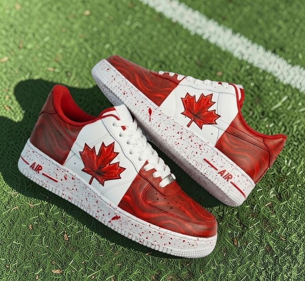 Custom Canadian Maple Leaf Sneakers, Red and White Speckled High-Top Shoes, Patriotic Unisex Sneakers - Custom Hand-Painted Shoes | ZivoSell