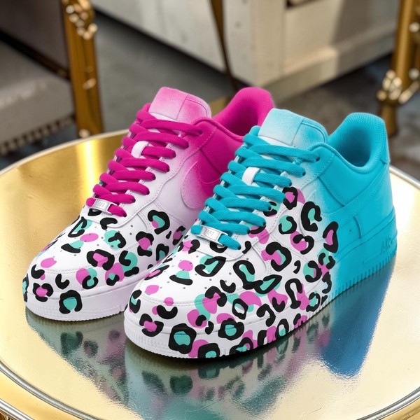 Custom Pink & Blue Leopard AF1 Sneakers, Hand Painted Pink and Blue Leopard Shoes, Streetwear Colorful Sneakers, Unique Gift for Him Her. - Custom Hand-Painted Shoes | ZivoSell