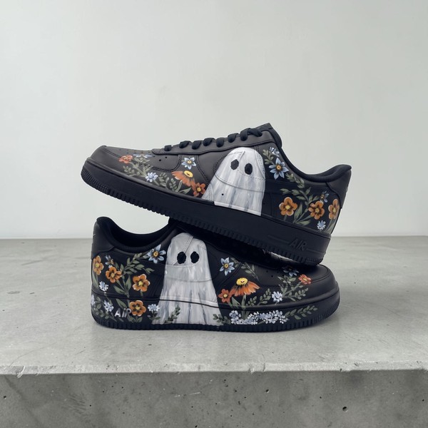 Floral Ghost Custom Sneakers, Hand Painted Spooky Cute Art Trainers, Botanical Ghost Design Shoes, Aesthetic Cottagecore Footwear - Custom Hand-Painted Shoes | ZivoSell