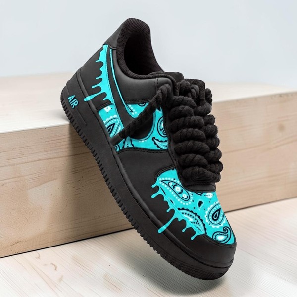 Hand-Painted Neon Blue Bandana AF1 Sneakers, Custom Black and Blue Drip Shoes, Paisley Custom AF1 Sneakers, Unique Urban Style Shoes. - Custom Hand-Painted Shoes | ZivoSell