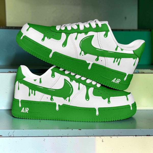 Green Drip Paint Custom Sneakers, White & Green Hand-Painted Low-Top Shoes, Artistic Splatter Design Trainers - Custom Hand-Painted Shoes | ZivoSell