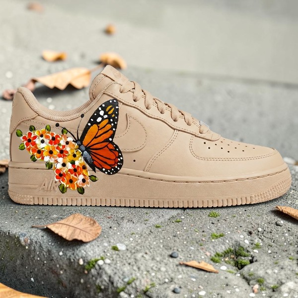 Monarch Butterfly Floral Custom Sneakers, Hand-Painted Cream Low-Top Shoes, Personalized Wildflower Design Trainers - Custom Hand-Painted Shoes | ZivoSell